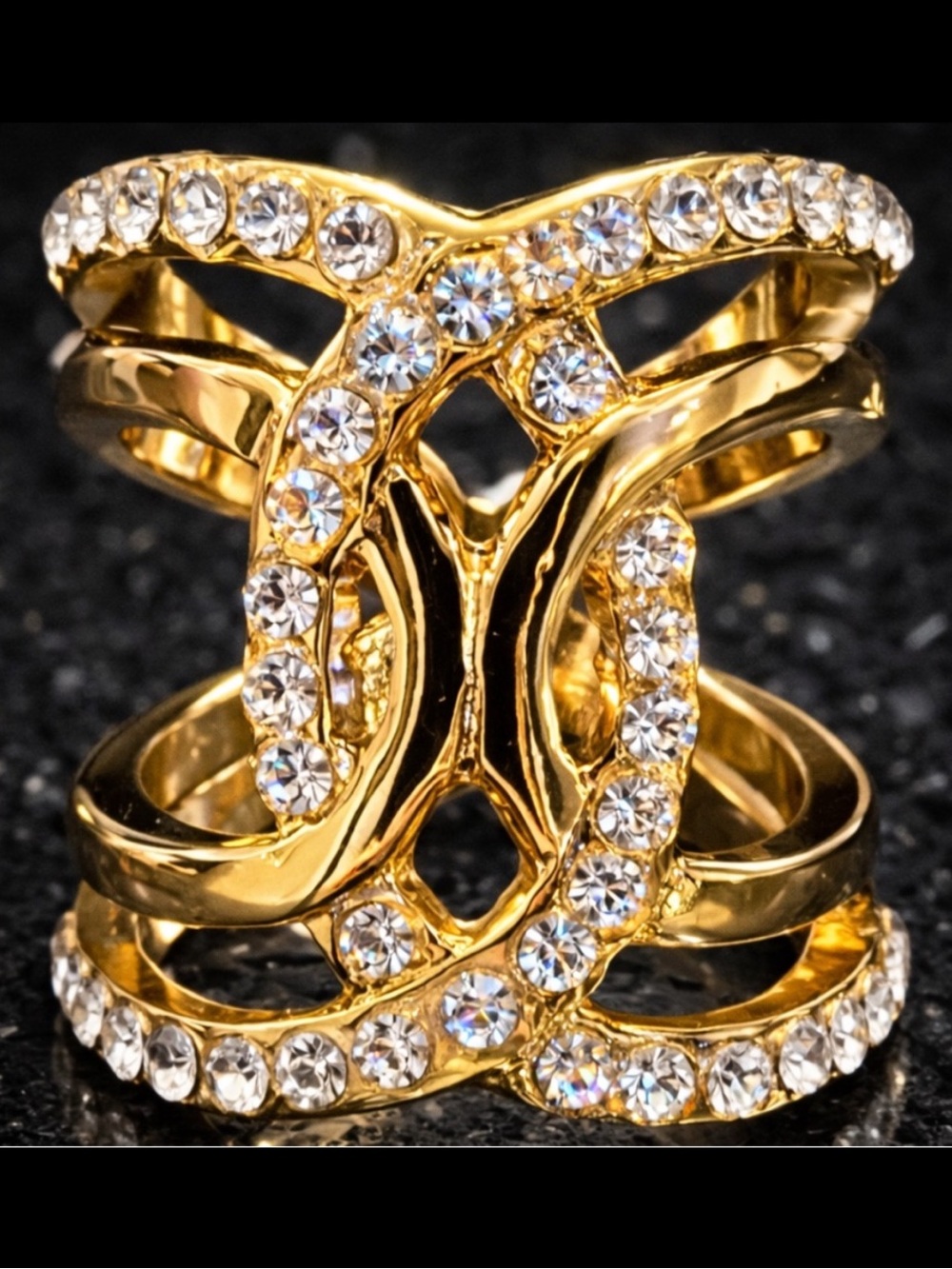 Large crystal designer statement ladies cocktail band, long, jewelry ring gold